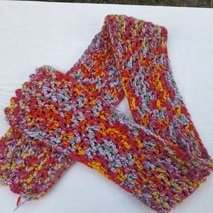 Vintage knit crochet scarf colorful pink blue purple yellow knitted crocheted